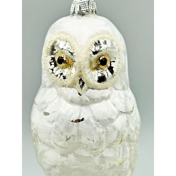 Snowy Owl Vintage Christmas Ornament West Germany Blown Glass White Silver 6 in - Picture 2 of 8